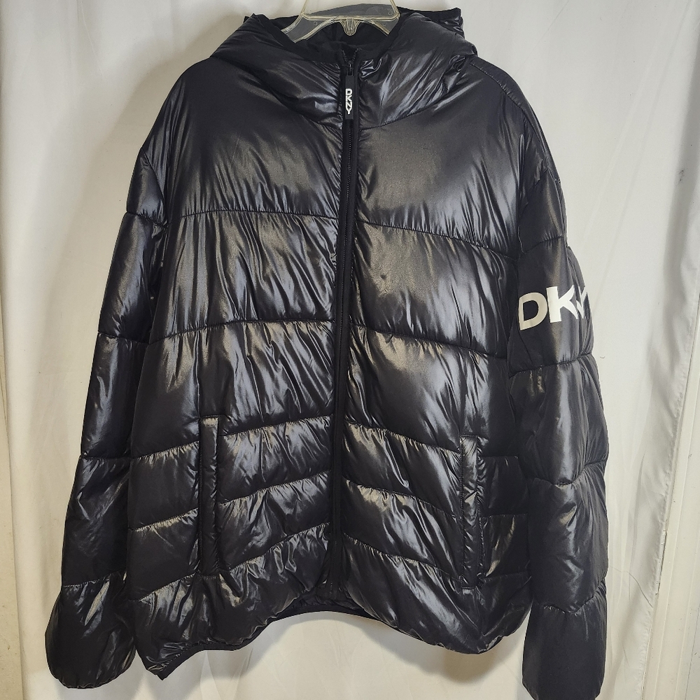 DKNY Men's Water Resistant Black Size XXL Winter Logo Jacket Coat Stylish Glossy